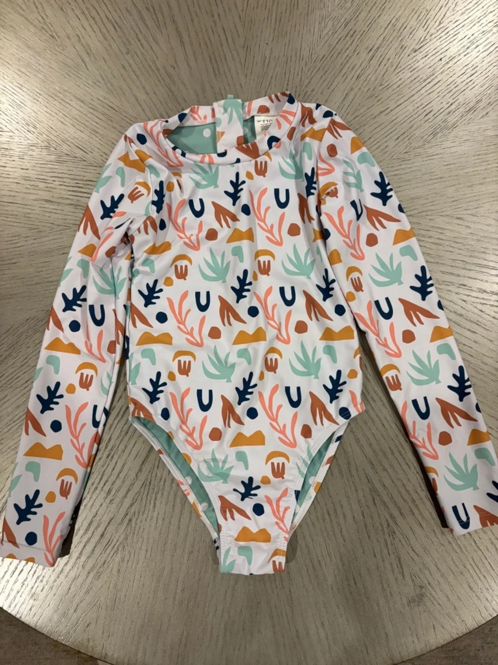 F4A Kids Long-Sleeve One-Piece Swimsuit - White with Coral, Mint & Navy Print